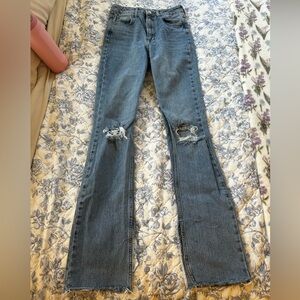 Zara Washed Blue Flared Split Hem Distressed Jeans